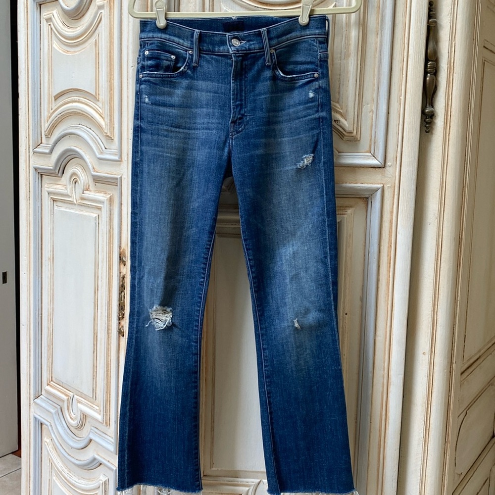 Mother distressed straight leg ankle jean
